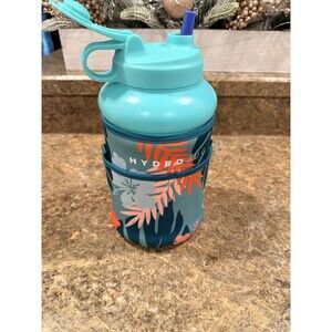 HYDROJUG 73 Oz Water Jug BOTTLE W/ SLEEVE Straw STRAP Lt Teal JUNGLE LEAF